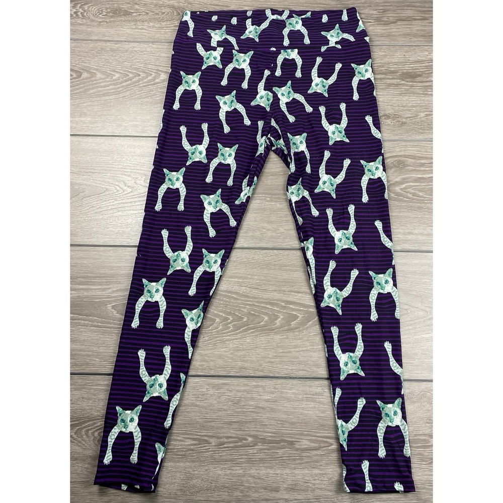 Lularoe Women's Pull On Stretch Striped Cat Print Leggings Purple Sz Tall Curvy - Picture 3 of 11